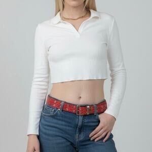 SHEIN White Ribbed Cropped Long Sleeve Collared Top